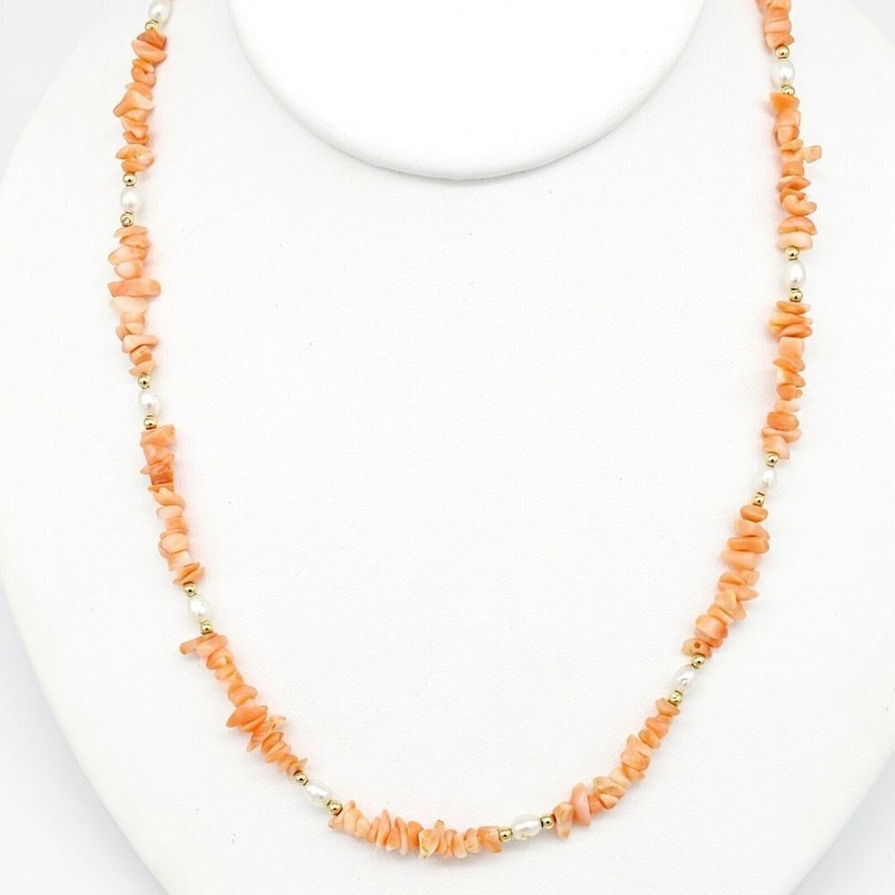 Vintage Angel Skin Coral 14kt Gold & Rice Pearl Necklace 18" Delicate Feminine